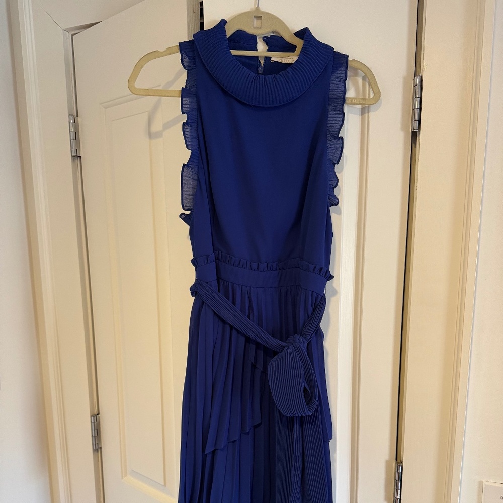 MAISON TALULAH Ruffle Neck Midi Dress Size 8 in Blue
